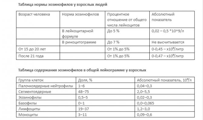Таблица содержания эозинофилов в общей лейкограмме у взрослых